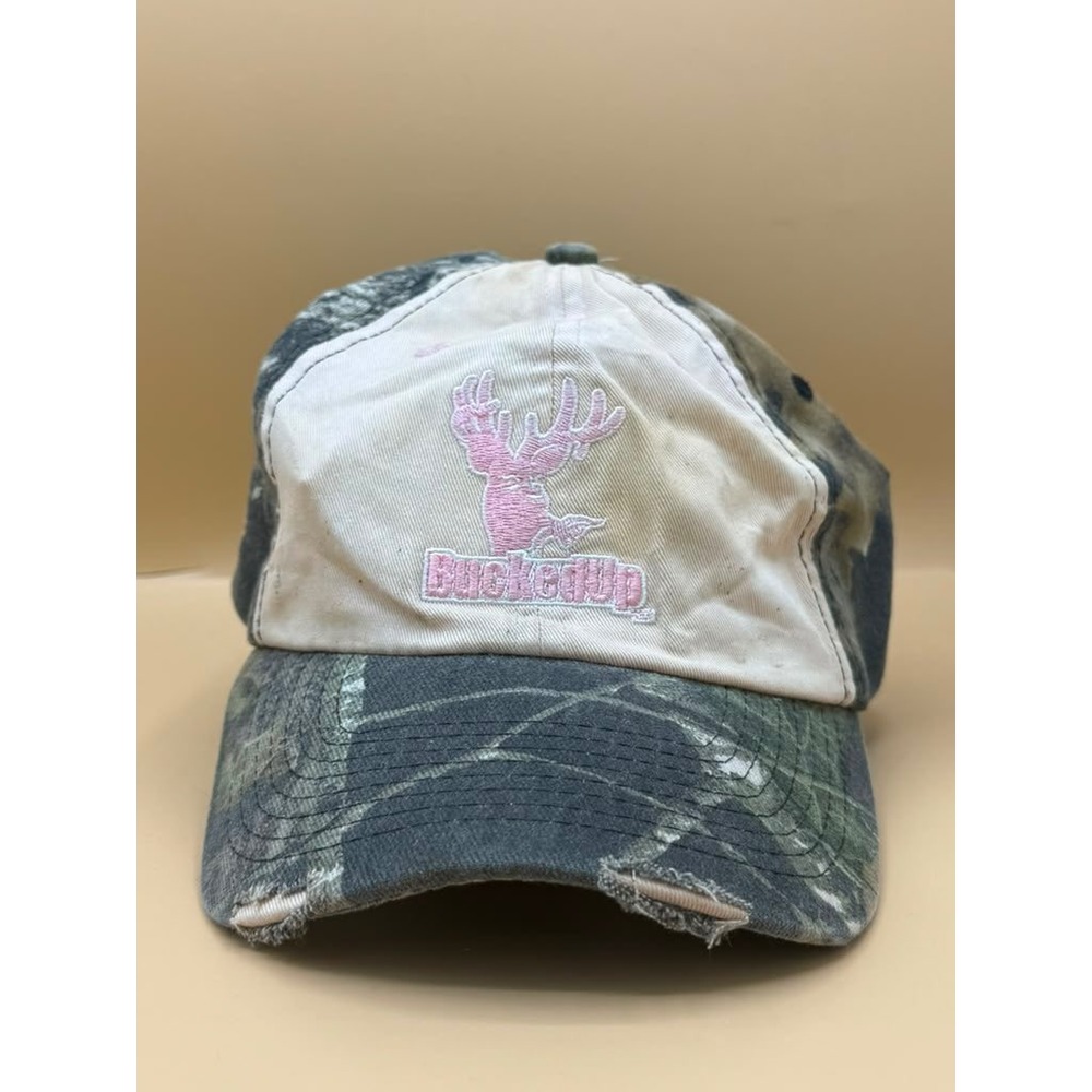 BuckedUp Mens Camo Hat Pink Embroidered Logo Distressed Adjustable Ball Cap